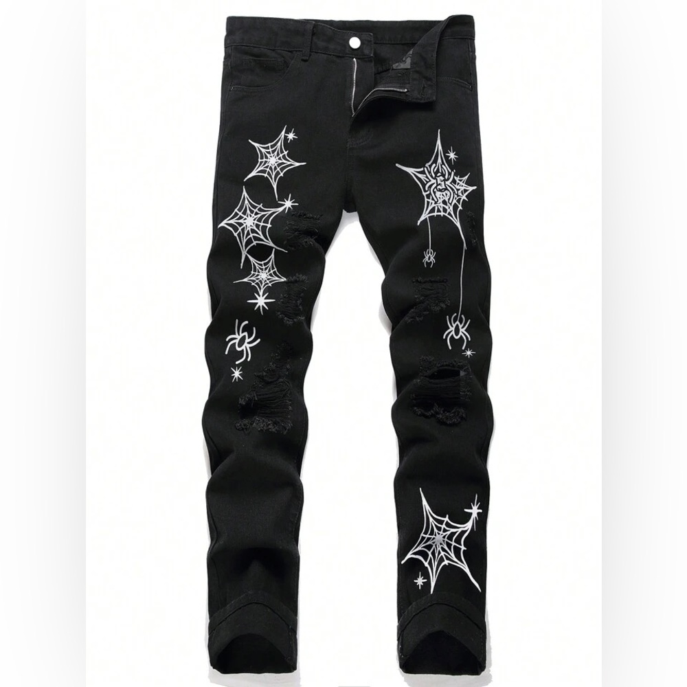 Denim Rip Jeans With Spiders & Spider wed print